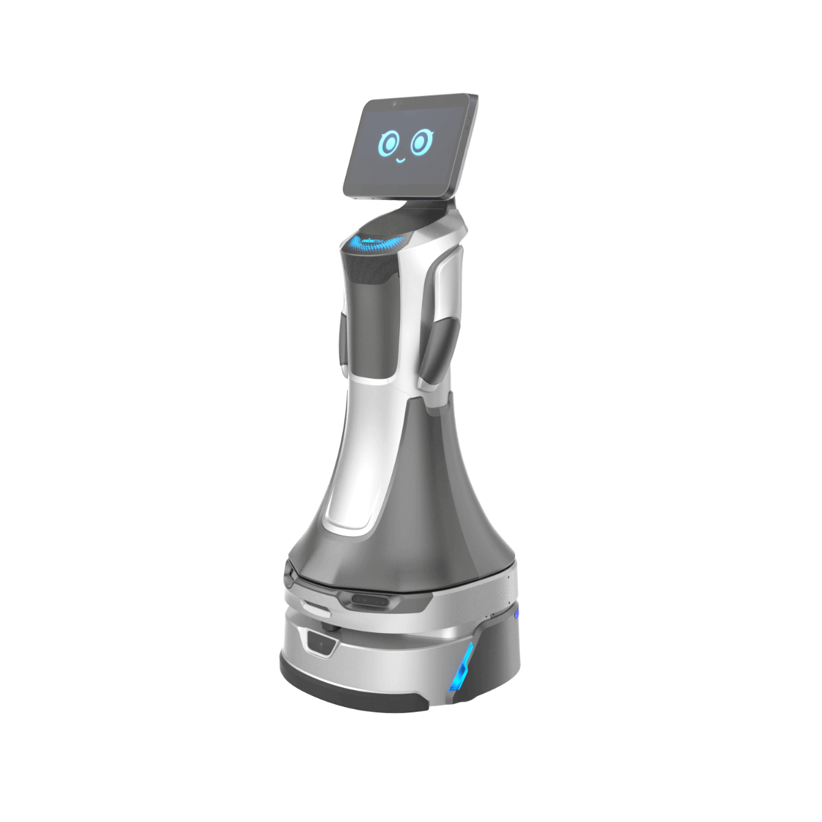 GreetingBot Nova với màn hình biểu cảm thân thiện và màn hình quảng cáo — vừa đón tiếp vừa truyền thông thương hiệu.
